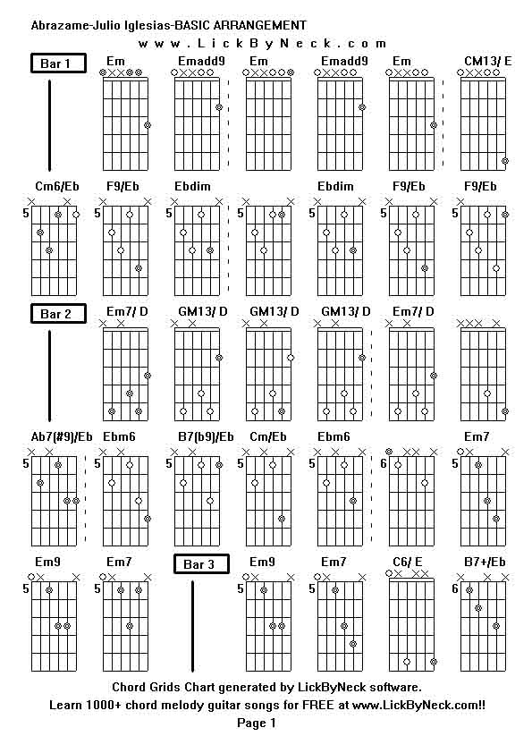 Chord Grids Chart of chord melody fingerstyle guitar song-Abrazame-Julio Iglesias-BASIC ARRANGEMENT,generated by LickByNeck software.